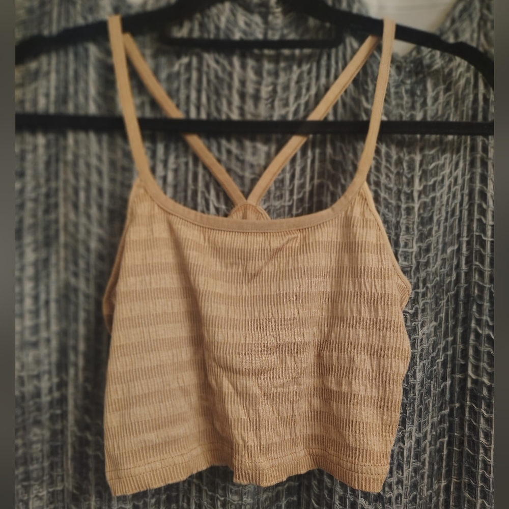 Ribbed Strappy Crop Tank Top ~ Size Small Neutral Tan